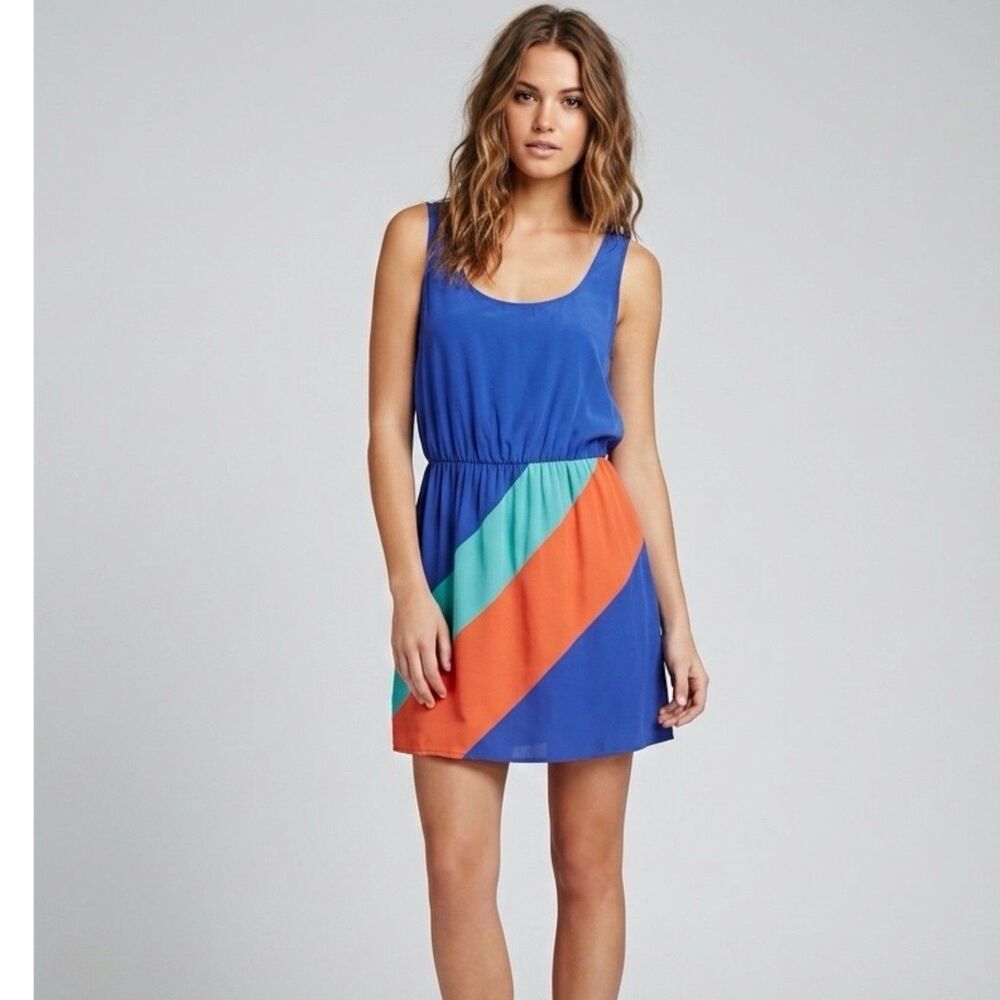 Colorblock 60s Mod Mini Dress Royal Blue Orange Dopamine Vibrant Solemio Medium
